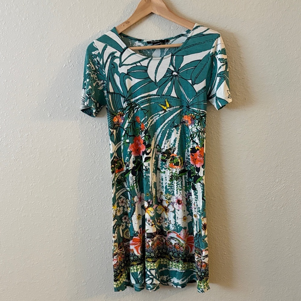 Desigual Tropical Print Mini Dress - Green and White Size M Sequined Bird Print